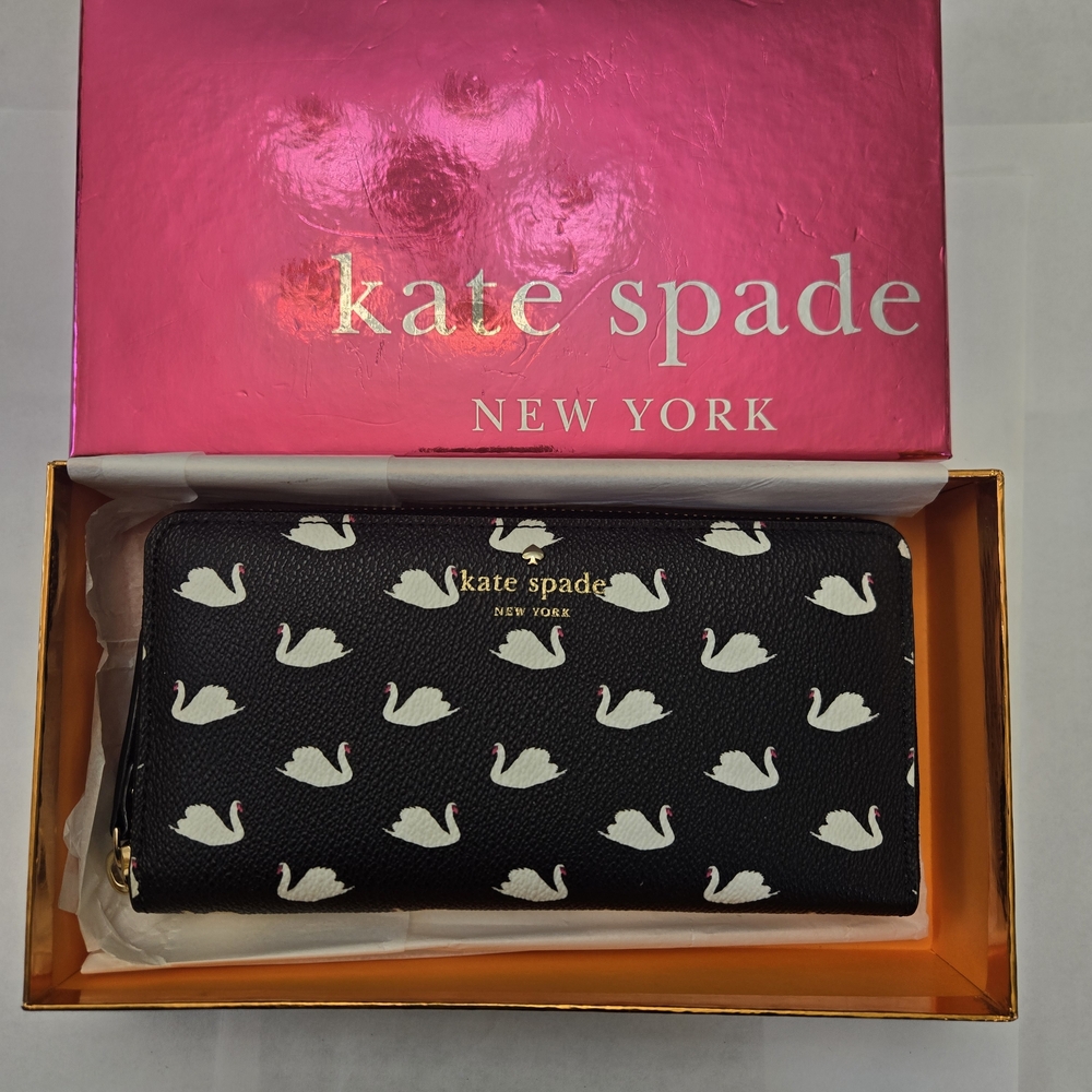 Kate Spade Bifold Black And White Swan Design Wallet - Picture 2 of 12